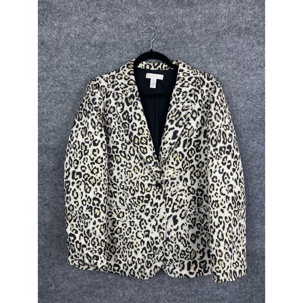 Chico's Women's Animal Print W/Gold Metallic L/S Blazer‎ Jacket 2 Large